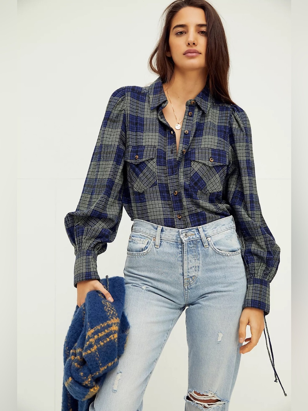 We The Free by Free People Sun City Plaid Top Blue Green Black Sz XS